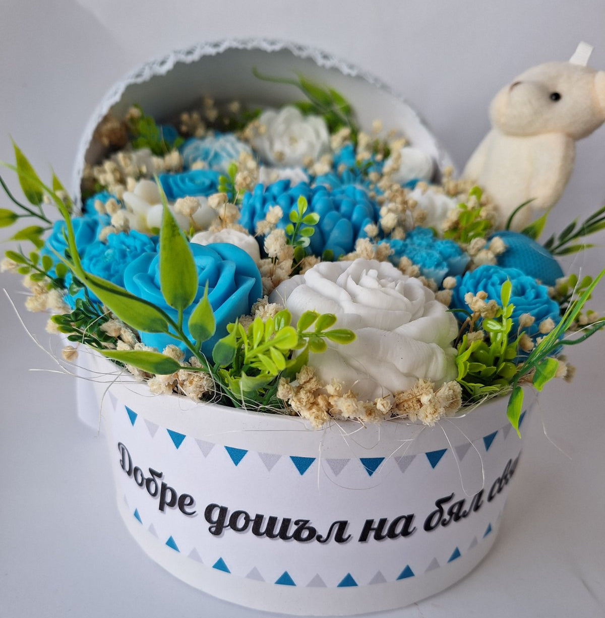 Букет🤍💗💙👶"Първа Прегръдка"👶🤍💗💙- Подаръчна Кошница за Новородено-Ръчно Изработени Ароматни Сапунени Цветя