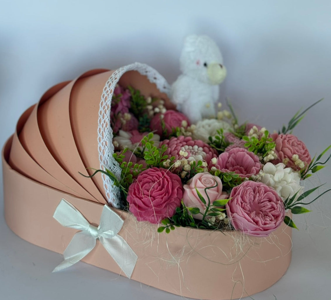 Букет🤍💗💙👶"Първа Прегръдка"👶🤍💗💙- Подаръчна Кошница за Новородено-Ръчно Изработени Ароматни Сапунени Цветя