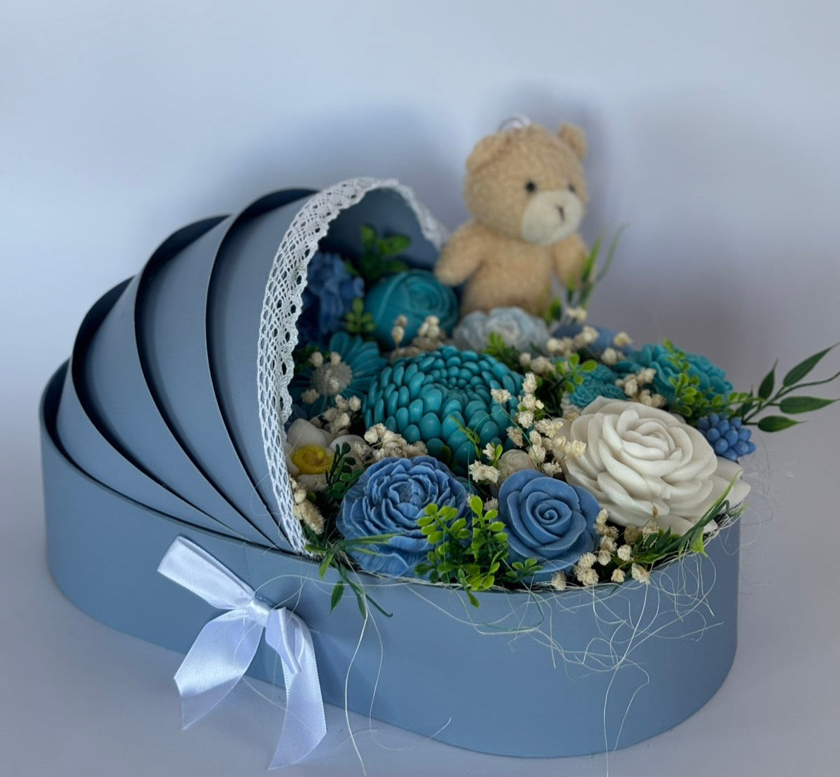 Букет🤍💗💙👶"Първа Прегръдка"👶🤍💗💙- Подаръчна Кошница за Новородено-Ръчно Изработени Ароматни Сапунени Цветя