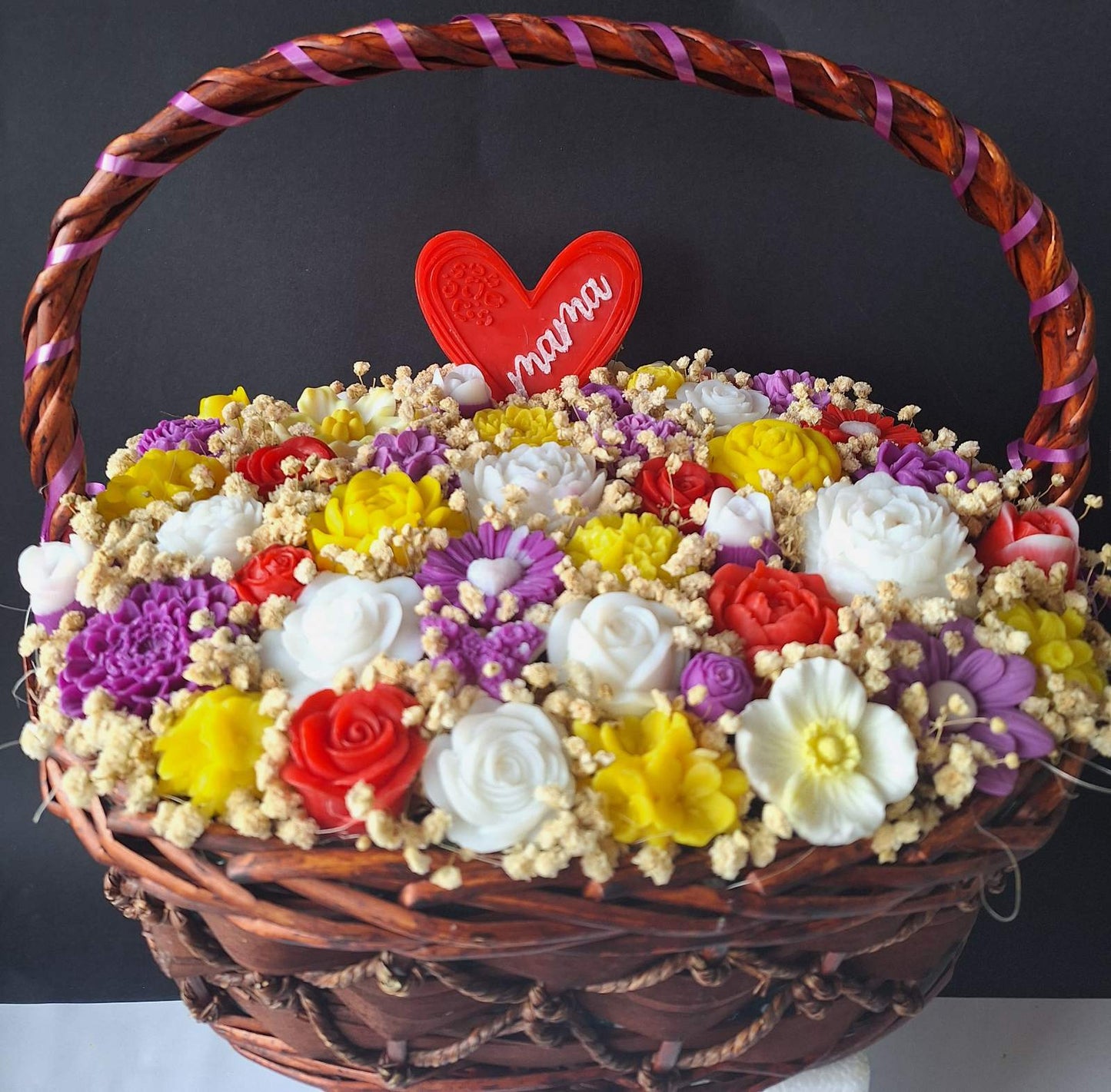 💐"Голяма Кафява Кошница със Сапунени Цветя"💐💖- Ръчно Изработени Ароматни Сапунени Цветя