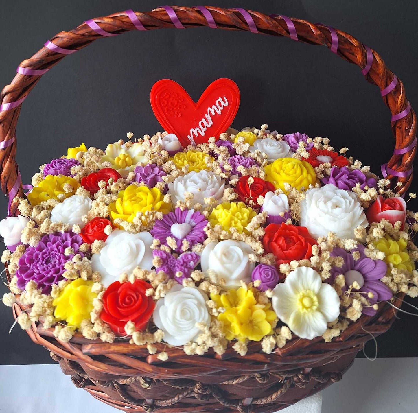 💐"Голяма Кафява Кошница със Сапунени Цветя"💐💖- Ръчно Изработени Ароматни Сапунени Цветя