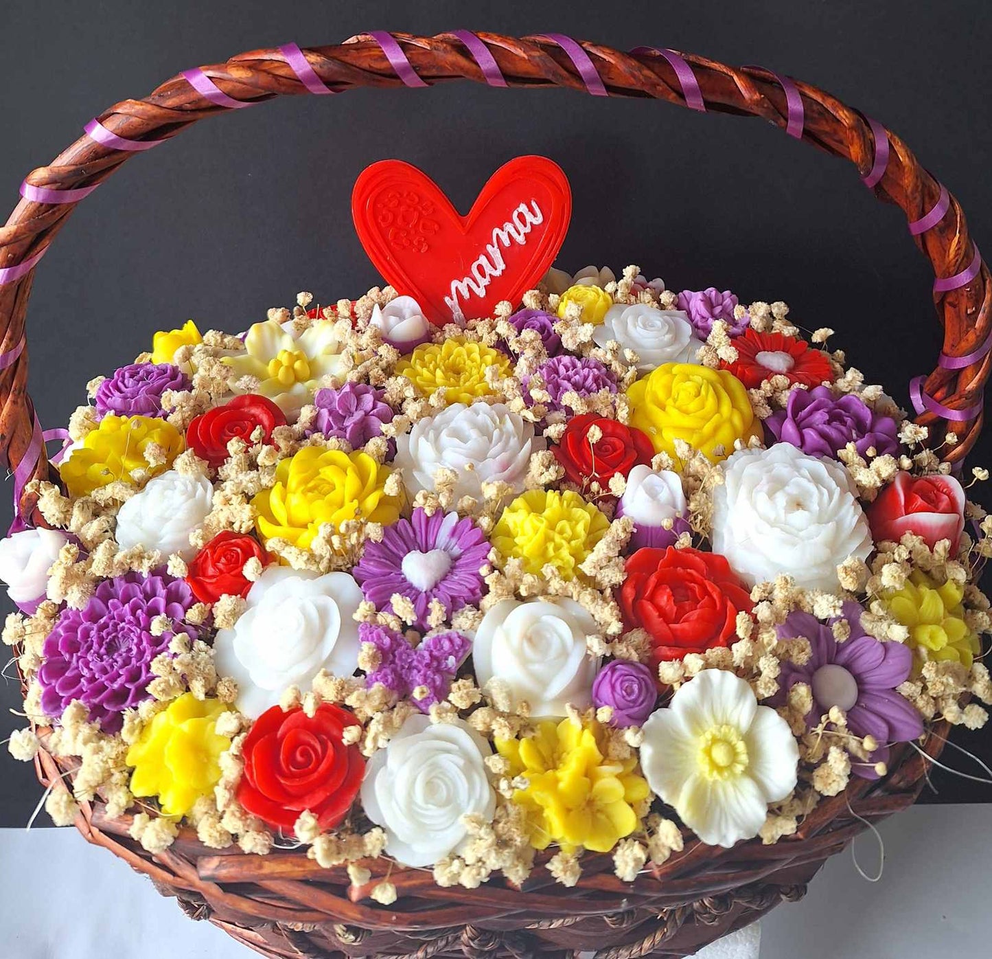 💐"Голяма Кафява Кошница със Сапунени Цветя"💐💖- Ръчно Изработени Ароматни Сапунени Цветя